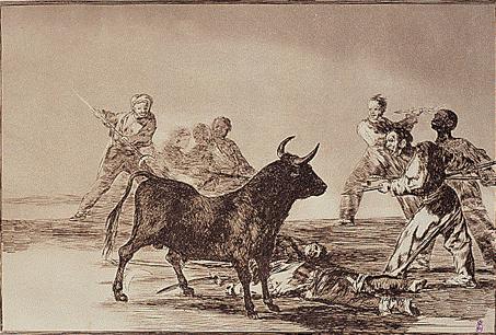 Grabado de Francisco de Goya titulado "Desjarrete de la canalla con lanzas, medias-lunas,  banderillas y otras armas"