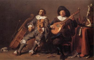 Cuadro titulado El dueto, pintado por Cornelis Saftleven. En el mismo parecen dos personajes
 engolados, tocado un con sombrero, rodeados de instrumentos de cuerda, dos de los cuales están tocando