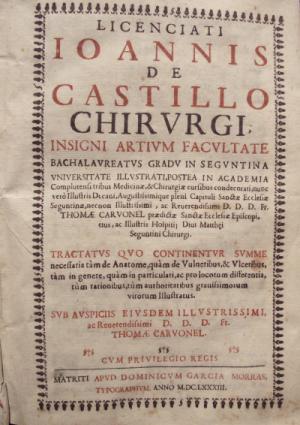 Portada tratado de anatomía escrito por Juan del Castillo,
 escrito en latín, a dos tintas