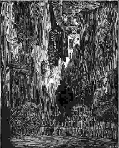 Visión romántica de una callejuela en el siglo XVII, en la cual una figura femenina
      surge de un balcón tapado por persianas y alcanza una carta a un caballero con capa y sombrero
      que pasa por debajo del mismo