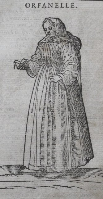 Retrato de una huérfana veneciana del siglo XVI, con ropa sencilla y cofia, sosteniendo un breviario y rosario en cada mano