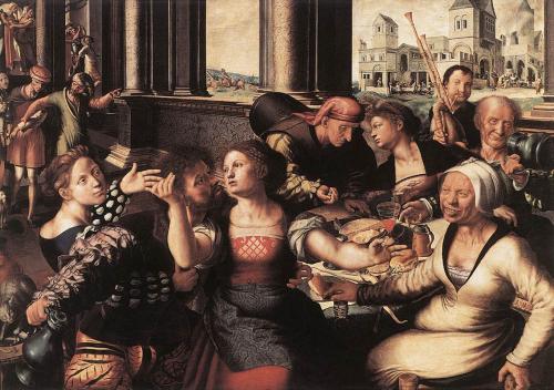 Hombre joven representado emborrachándose en una fiesta, en la cual mujeres jóvenes le seducen mientras que una vieja mira satisfecha