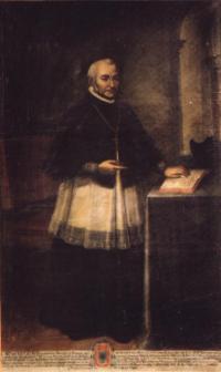Retrato del obispo Bartolomé Santos de la Risoba, representado de pie, apoyada la mano en un libro abierto en una mesa cercana