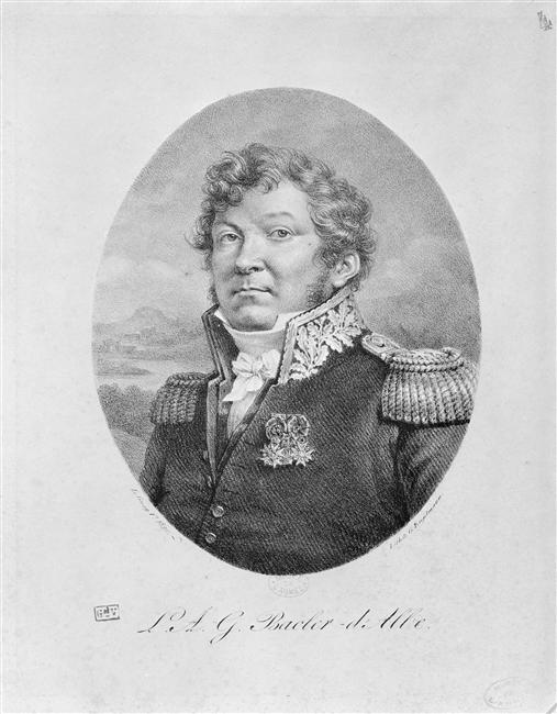 Retrato del dibujante, representado como hombre de pelo encrespado, con vestimenta militar y un par de condecoraciones