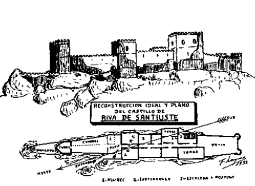 Reconstrucción del castillo de La Riba, en la cual se aprecian tres grandes torreones que jalonan un recinto amurallado continuo