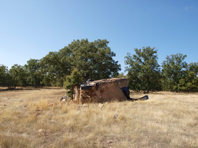 La antigua caseta del guarda del Rebollar, que se conserva en franco mal estado en medio de una pequeña pradera