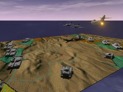 Composición libre en la cual sobre un tablero simulado se enfrentan dos formaciones de tanques, mientras sobrevuelan la escena aviones de caza. Pulsa para obtener mas detalles