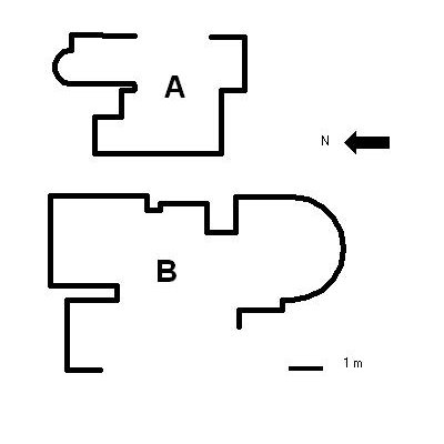 Planimetría aproximada de las dos construcciones rupestres situadas al este del Polvorín. Su orientación es opuesta
y ambas presentan un semicírculo en el extremo de uno de los ejes longitudinales