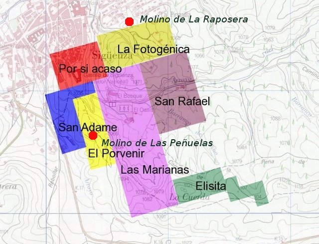Localización de numerosas minas de petróleo y de los dos molinos de viento que existían en sus cercanías.