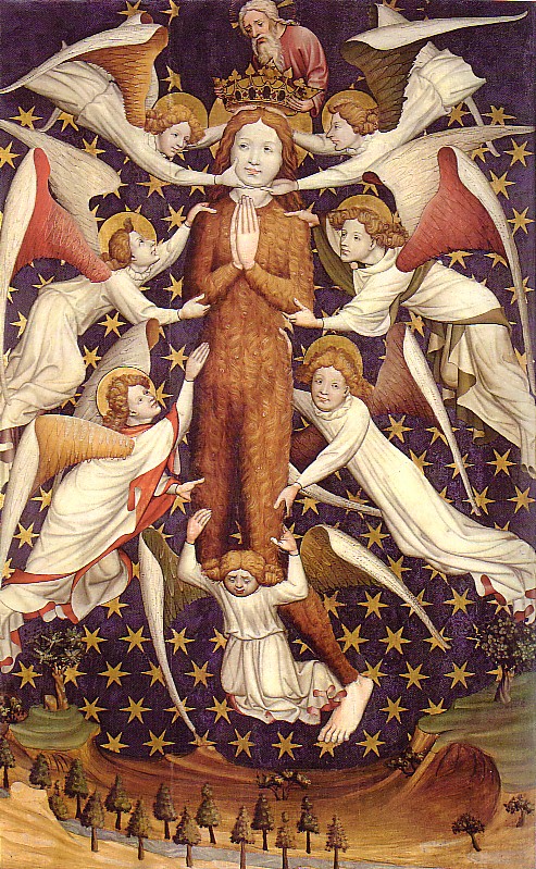 Imagen de la Magdalena llevada en volandas por ángeles; su cuerpo está cubierto por una ceñida vestimenta formada por sus propios cabellos