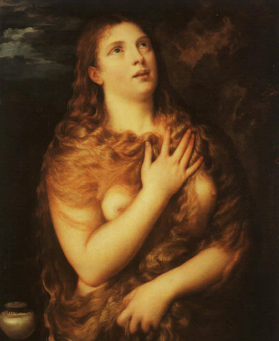 Cuadro de Tiziano donde se representa a la Magdalena como penitente, semidesnuda, cubierta parcialmente por abundante cabellera
