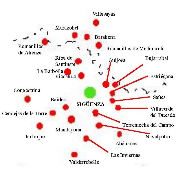 Plano de lugares cercanos a Sigüenza de los cuales el convento percibía rentas