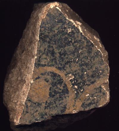 Fragmento de estuco romano aparecido en Palazuelos, con una orla de color ocre sobre un fondo verde marmorizado