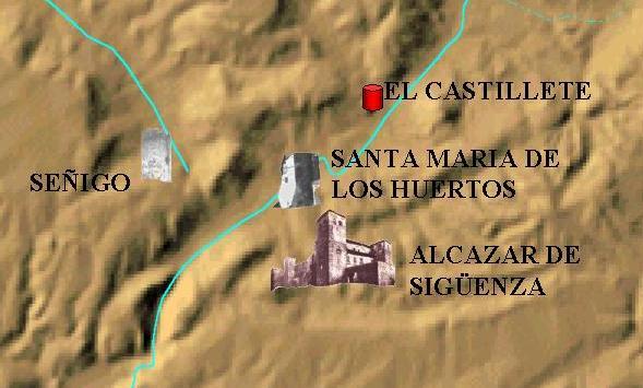 PLano representando las fortificaciones de Séñigo, Santa María de los Huertos, el alcázar de Sigüenza y una fortificación medieval que se erigía en el cerro de Villavieja