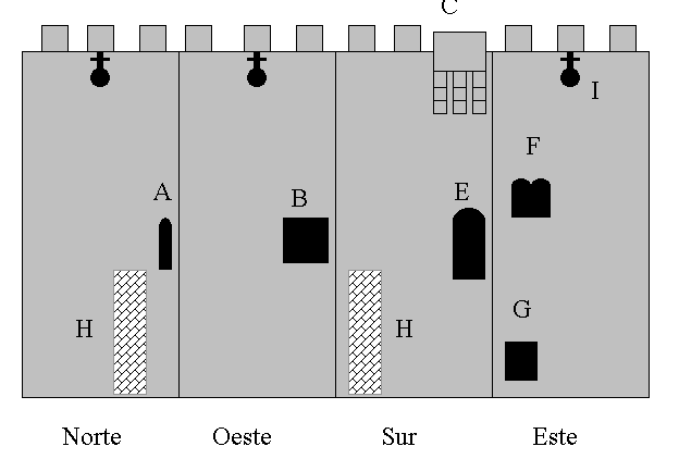 Desarrollo del exterior del torreón en cuatro caras, que reflejan la estructura interna del mismo, situando los distintos elementos constructivos en ellas