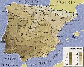 Mapa de la Península Ibérica con las isosistas o líneas
 en las cuales el terremoto alcanza la misma intensidad correspondientes al terremoto de 1775. Se aprecia que 
 la zona de Guadalajara fue sometida a una intensidad de VI grados