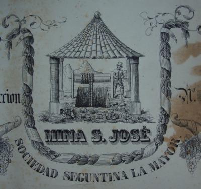 Ilustración de una acción de la sociedad minera seguntina La Mayor, en la que representa un pozo de la mina San José protegido por un templete techado, mientras un operario sube con un torno material del interior