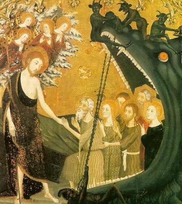 Pintura gótica en la cual Cristo aparece abriendo las puertas del Infierno representadas como una boca de una animal monstruoso, por donde se disponen los justos a salir